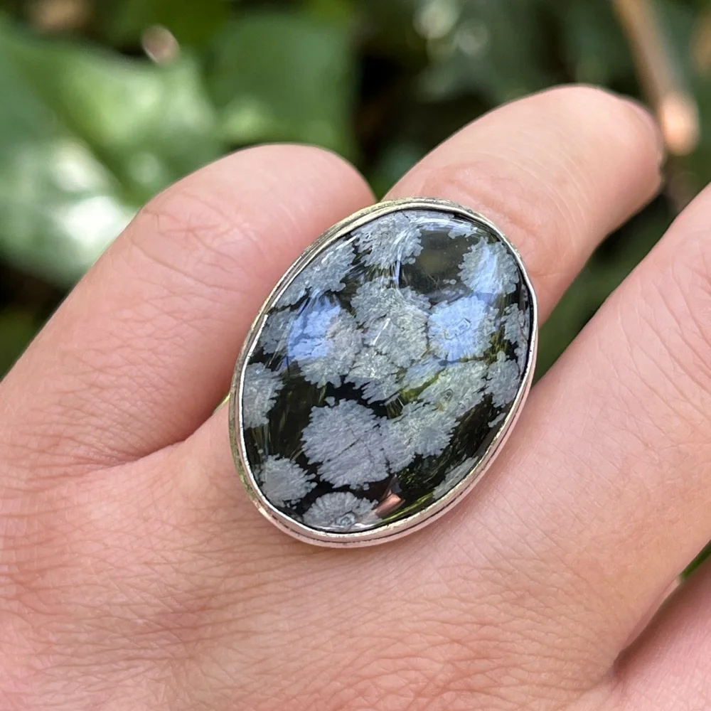 Size 6.75 925 silver plated snow flake obsidian ring‎
